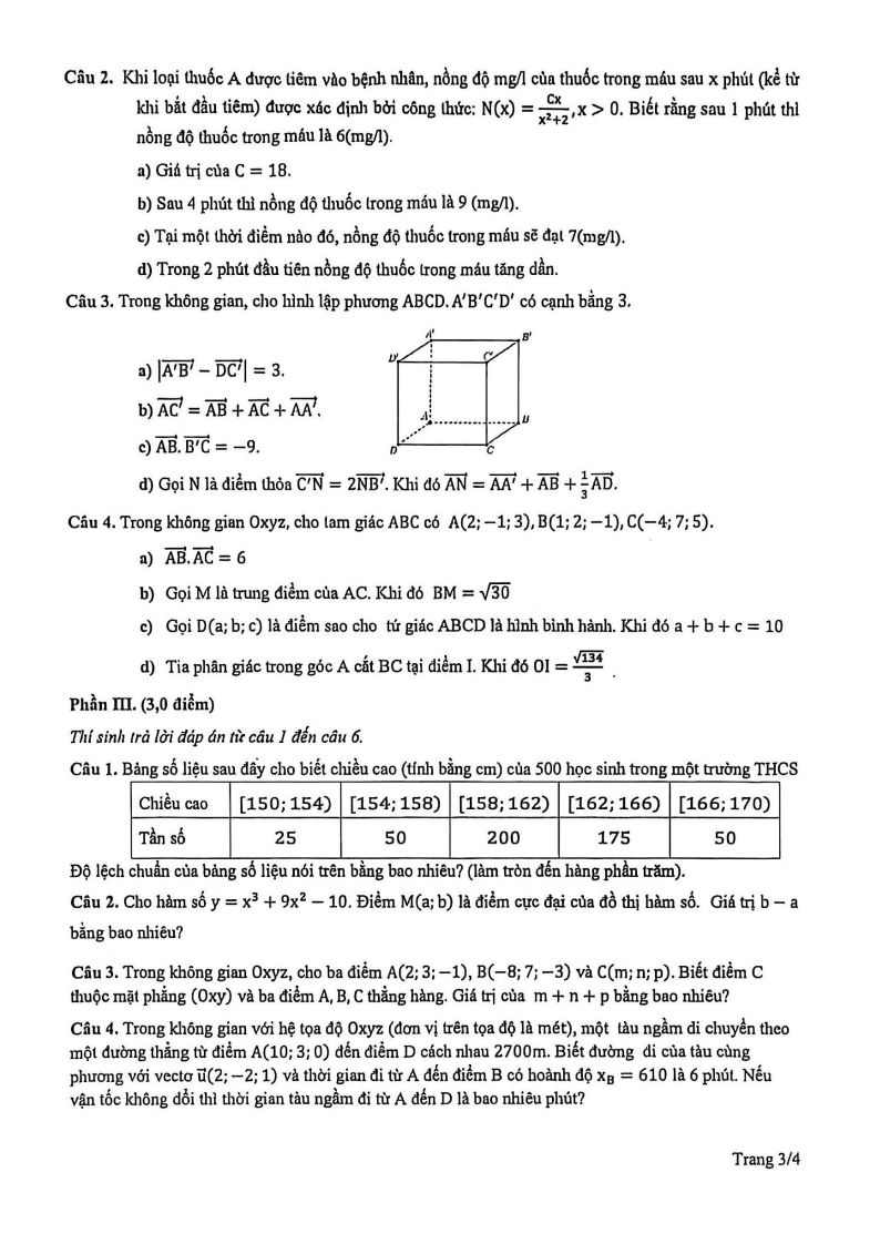 Đề thi Học kì 1 Toán 12 trường THPT chuyên Hà Nội – Amsterdam năm 2025-2026