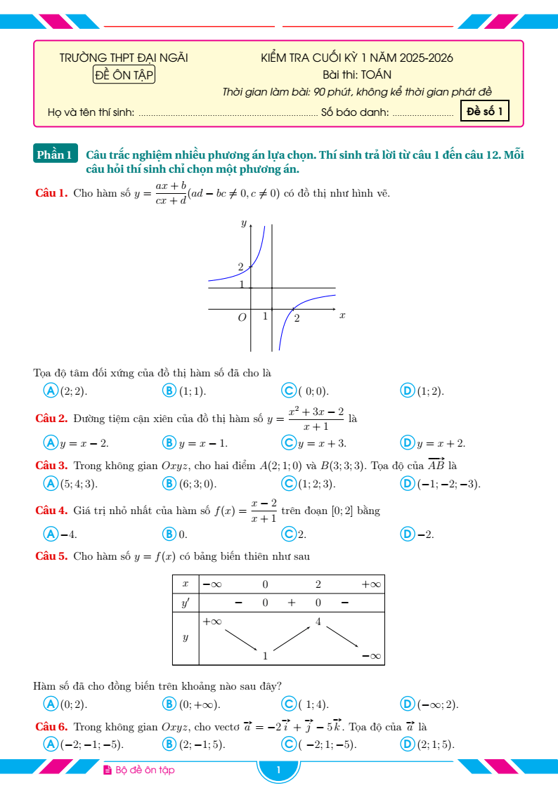 Đề thi Học kì 1 Toán 12 trường THPT Đại Ngãi (Cần Thơ) năm 2025-2026