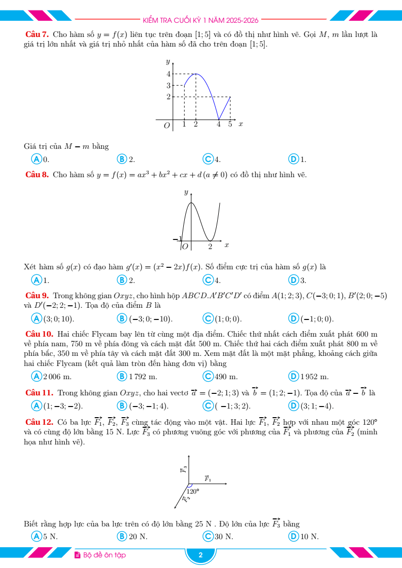 Đề thi Học kì 1 Toán 12 trường THPT Đại Ngãi (Cần Thơ) năm 2025-2026