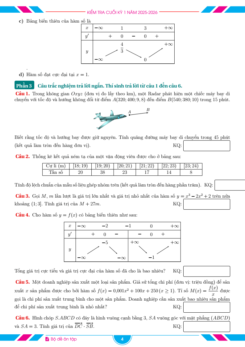 Đề thi Học kì 1 Toán 12 trường THPT Đại Ngãi (Cần Thơ) năm 2025-2026