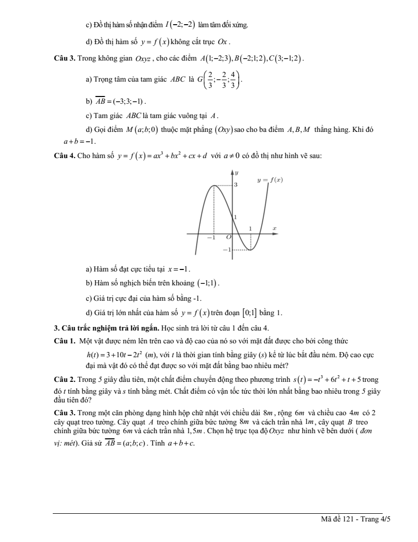 Đề thi Học kì 1 Toán 12 trường THPT Duy Tân (Quảng Ngãi) năm 2025-2026