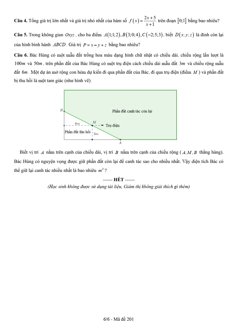 Đề thi Học kì 1 Toán 12 trường THPT Lê Hồng Phong (Cà Mau) năm 2025-2026