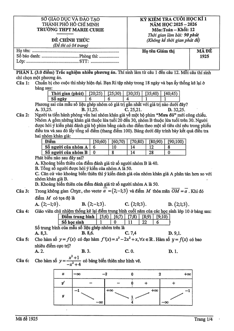Đề thi Học kì 1 Toán 12 trường THPT Marie Curie (Tp.HCM) năm 2025-2026