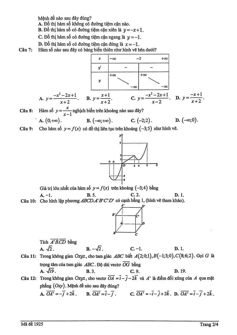 Đề thi Học kì 1 Toán 12 trường THPT Marie Curie (Tp.HCM) năm 2025-2026