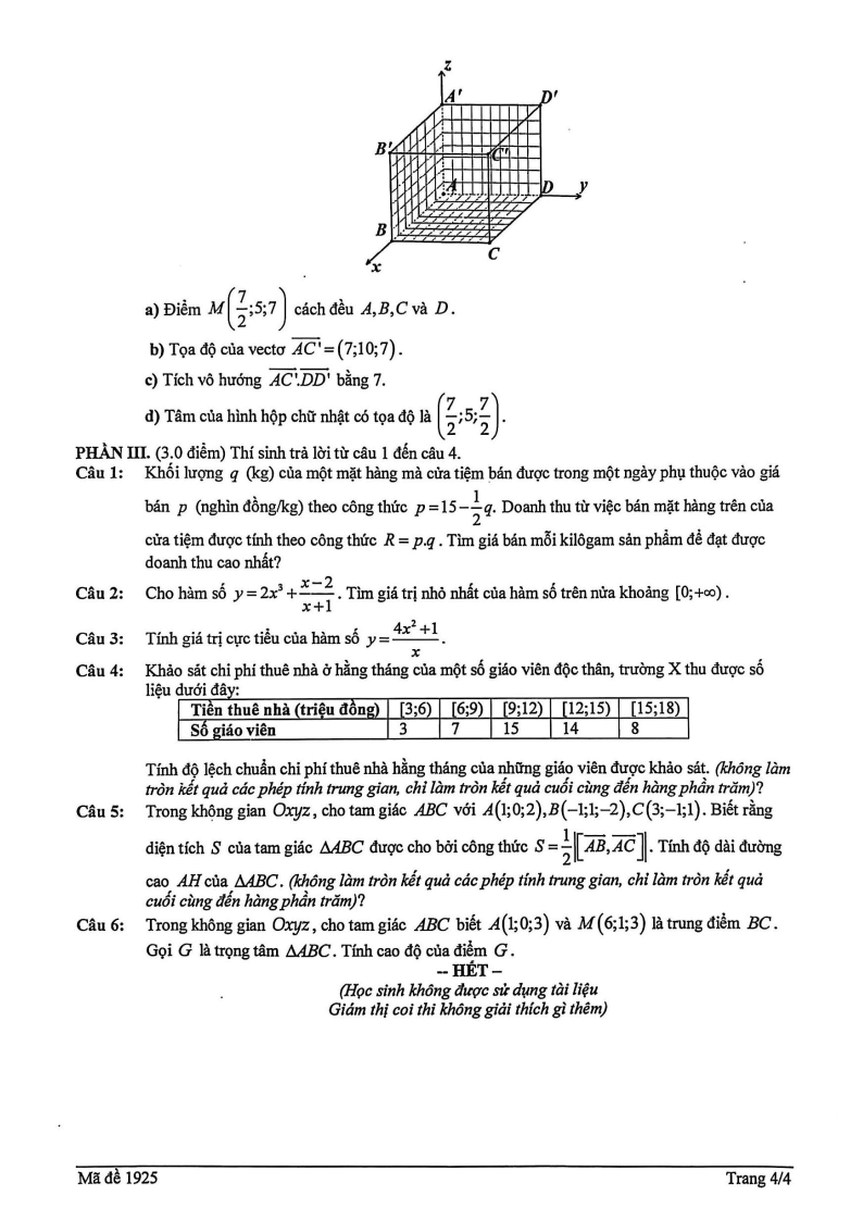 Đề thi Học kì 1 Toán 12 trường THPT Marie Curie (Tp.HCM) năm 2025-2026