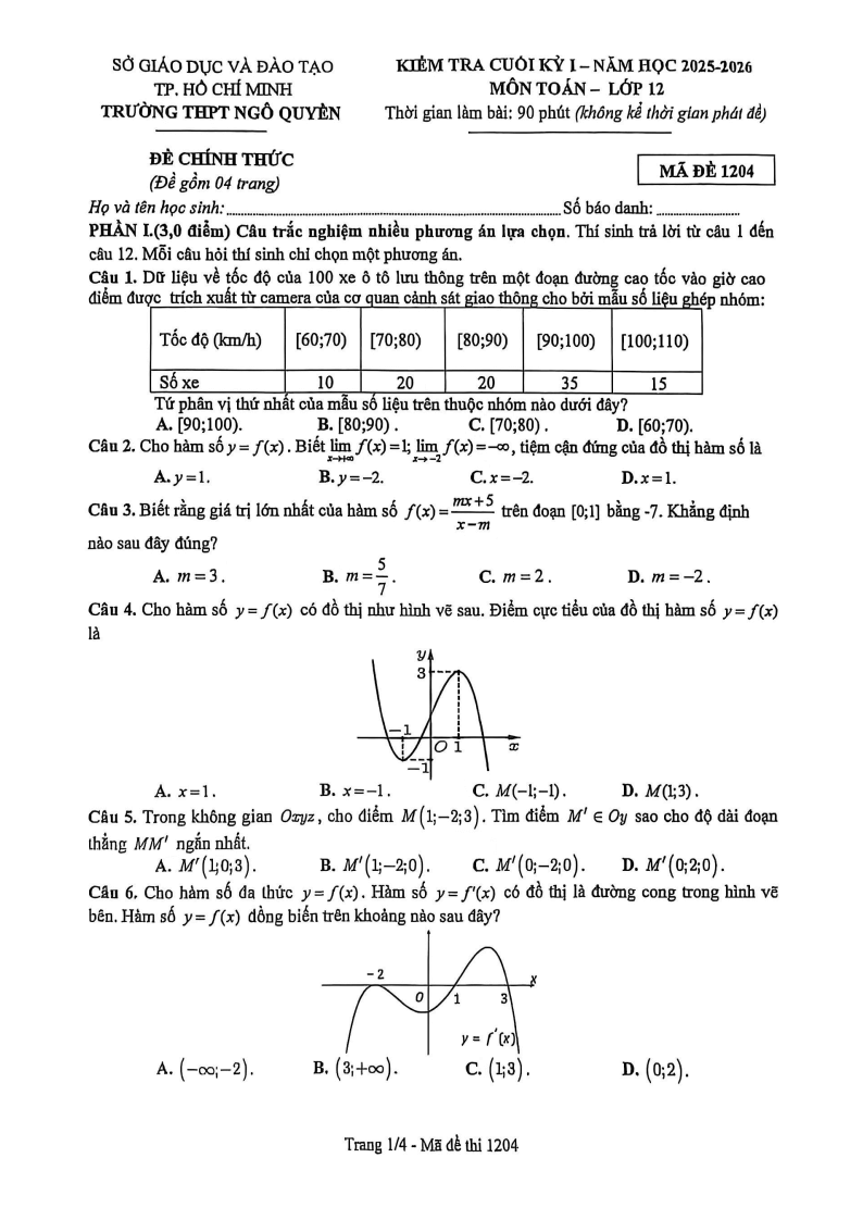 Đề thi Học kì 1 Toán 12 trường THPT Ngô Quyền (Tp.HCM) năm 2025-2026