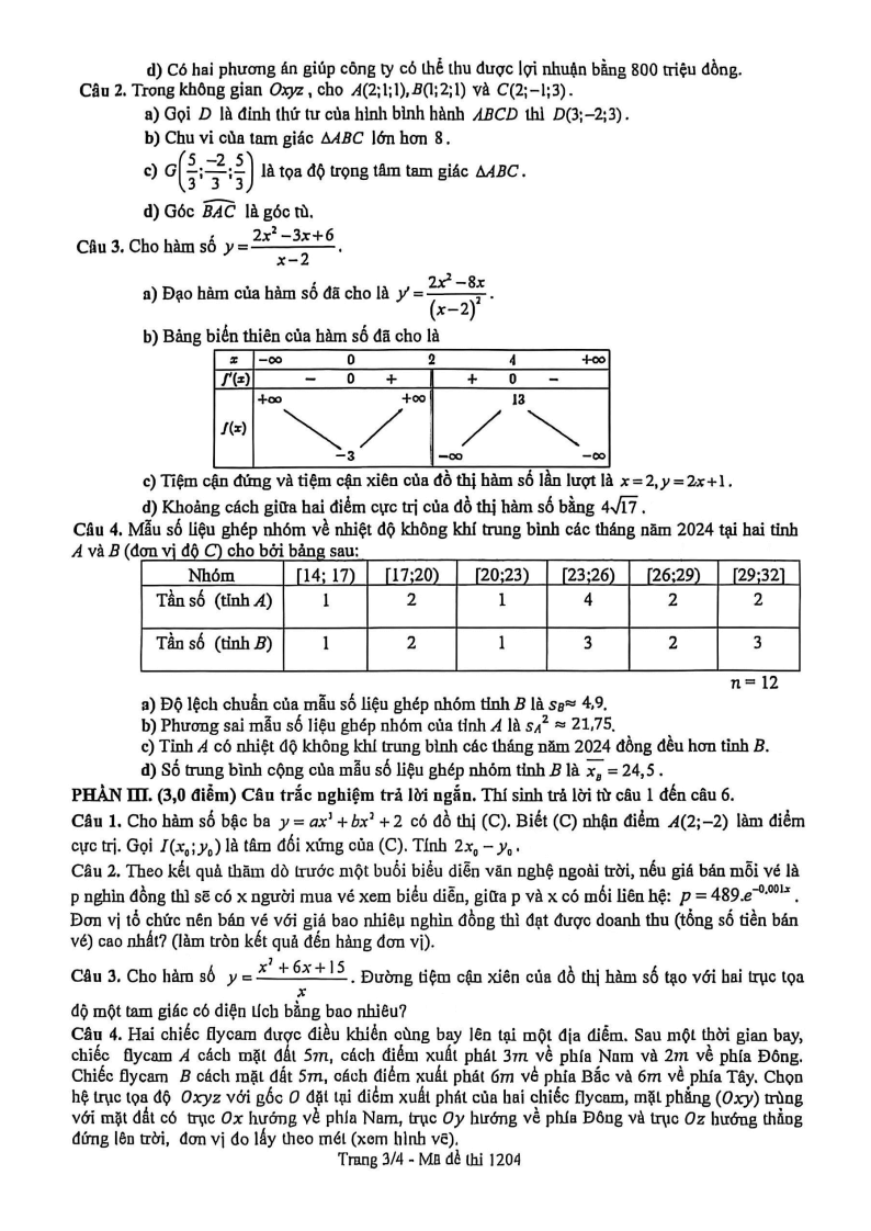 Đề thi Học kì 1 Toán 12 trường THPT Ngô Quyền (Tp.HCM) năm 2025-2026