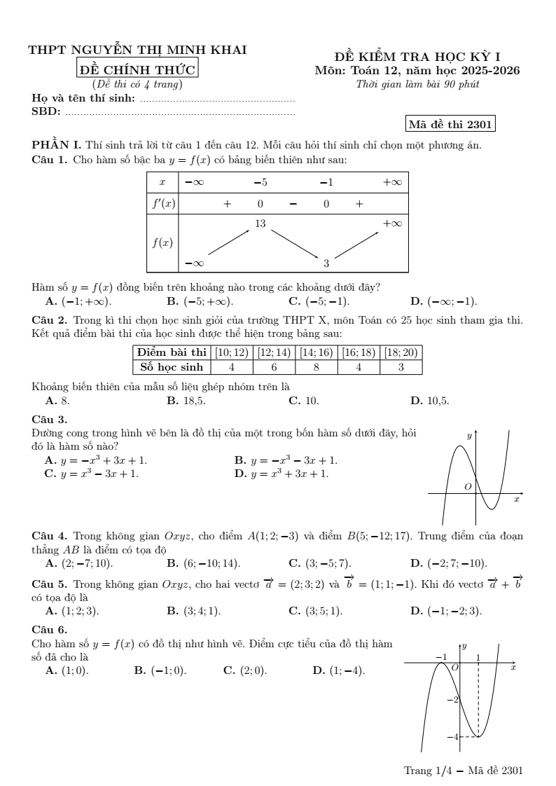 Đề thi Học kì 1 Toán 12 trường THPT Nguyễn Thị Minh Khai (Hà Nội) năm 2025-2026