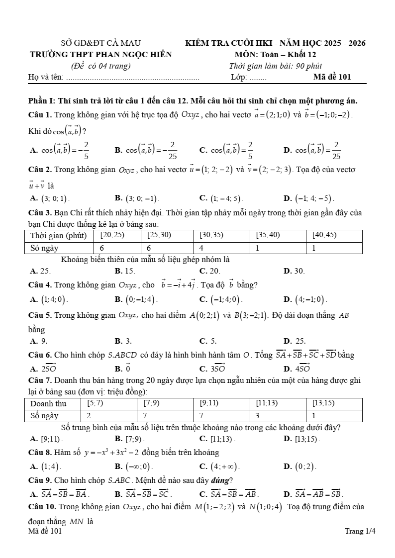 Đề thi Học kì 1 Toán 12 trường THPT Phan Ngọc Hiển (Cà Mau) năm 2025-2026
