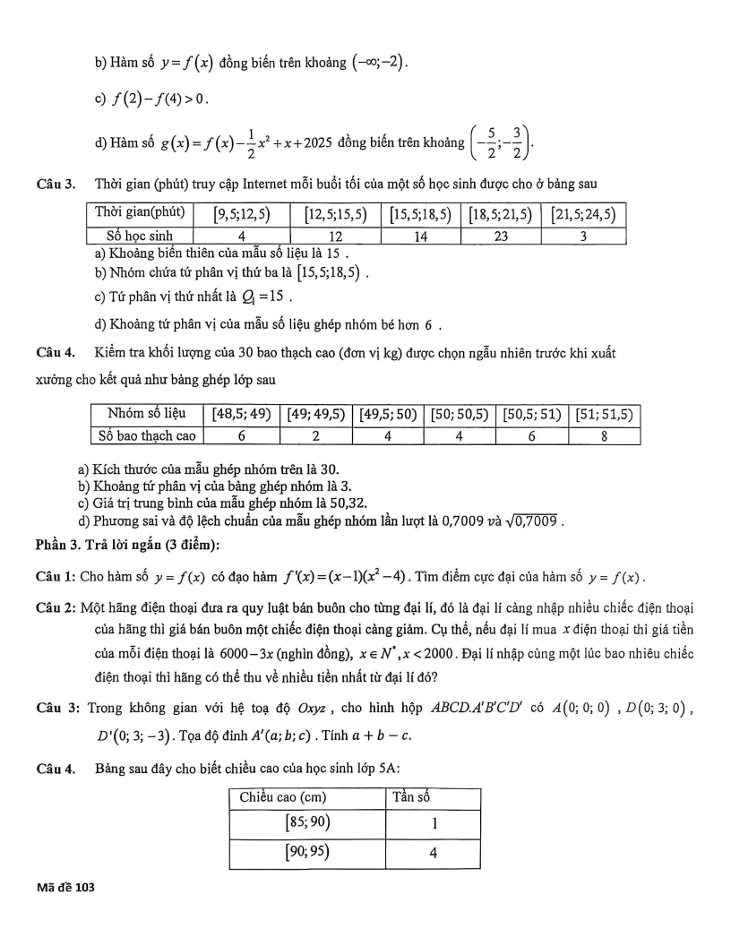 Đề thi Học kì 1 Toán 12 trường THPT Trần Phú (Hà Nội) năm 2025-2026