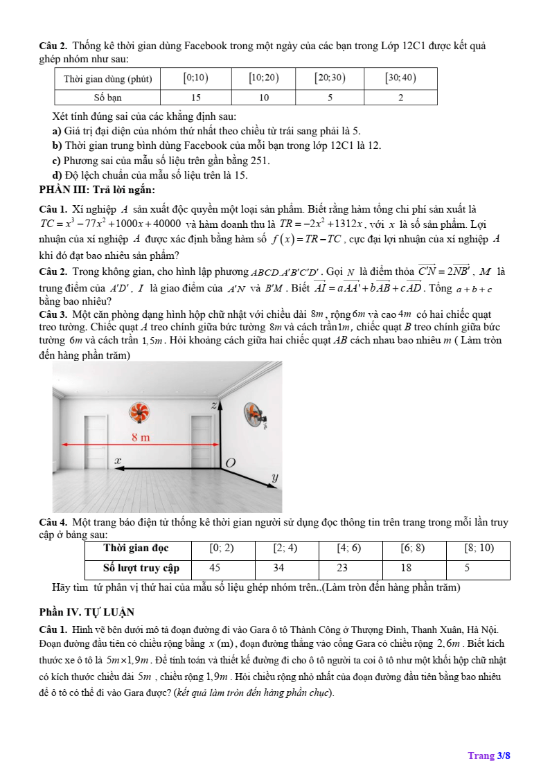 Đề thi Học kì 1 Toán 12 trường THPT Vạn Xuân (Hà Nội) năm 2025-2026