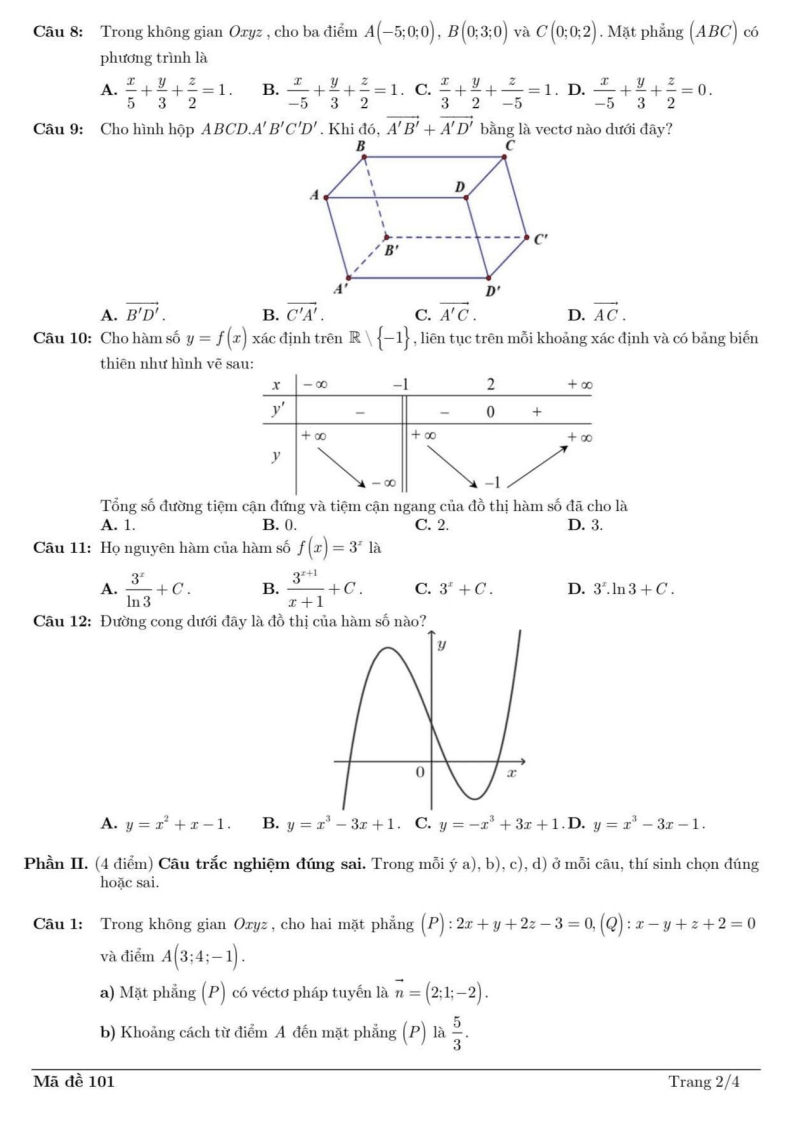 Đề thi Học kì 1 Toán 12 trường Trần Cao Vân (Tp.HCM) năm 2025-2026