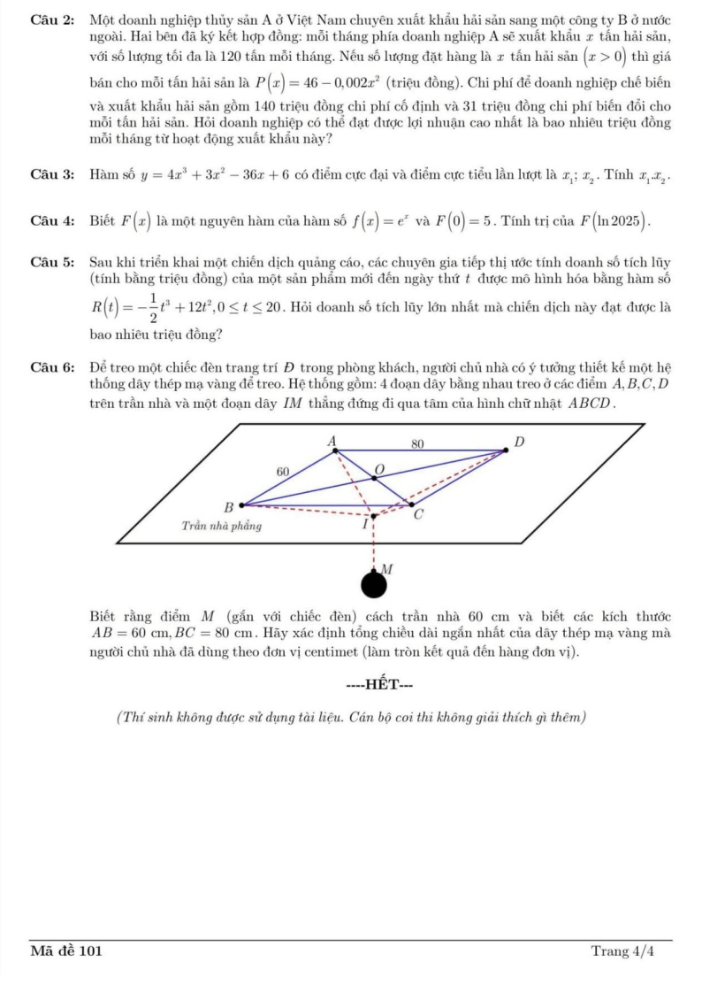 Đề thi Học kì 1 Toán 12 trường Trần Cao Vân (Tp.HCM) năm 2025-2026