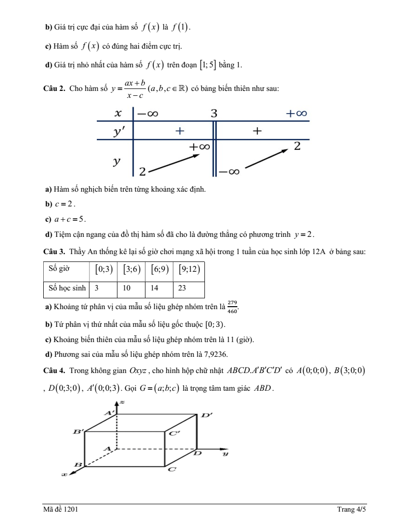 Đề thi Học kì 1 Toán 12 trung tâm GDTX Châu Đức (Tp.HCM) năm 2025-2026
