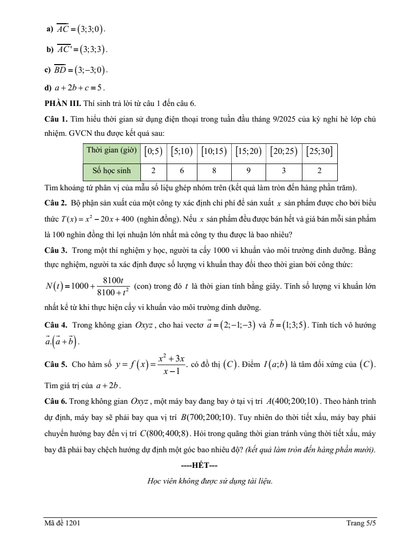 Đề thi Học kì 1 Toán 12 trung tâm GDTX Châu Đức (Tp.HCM) năm 2025-2026