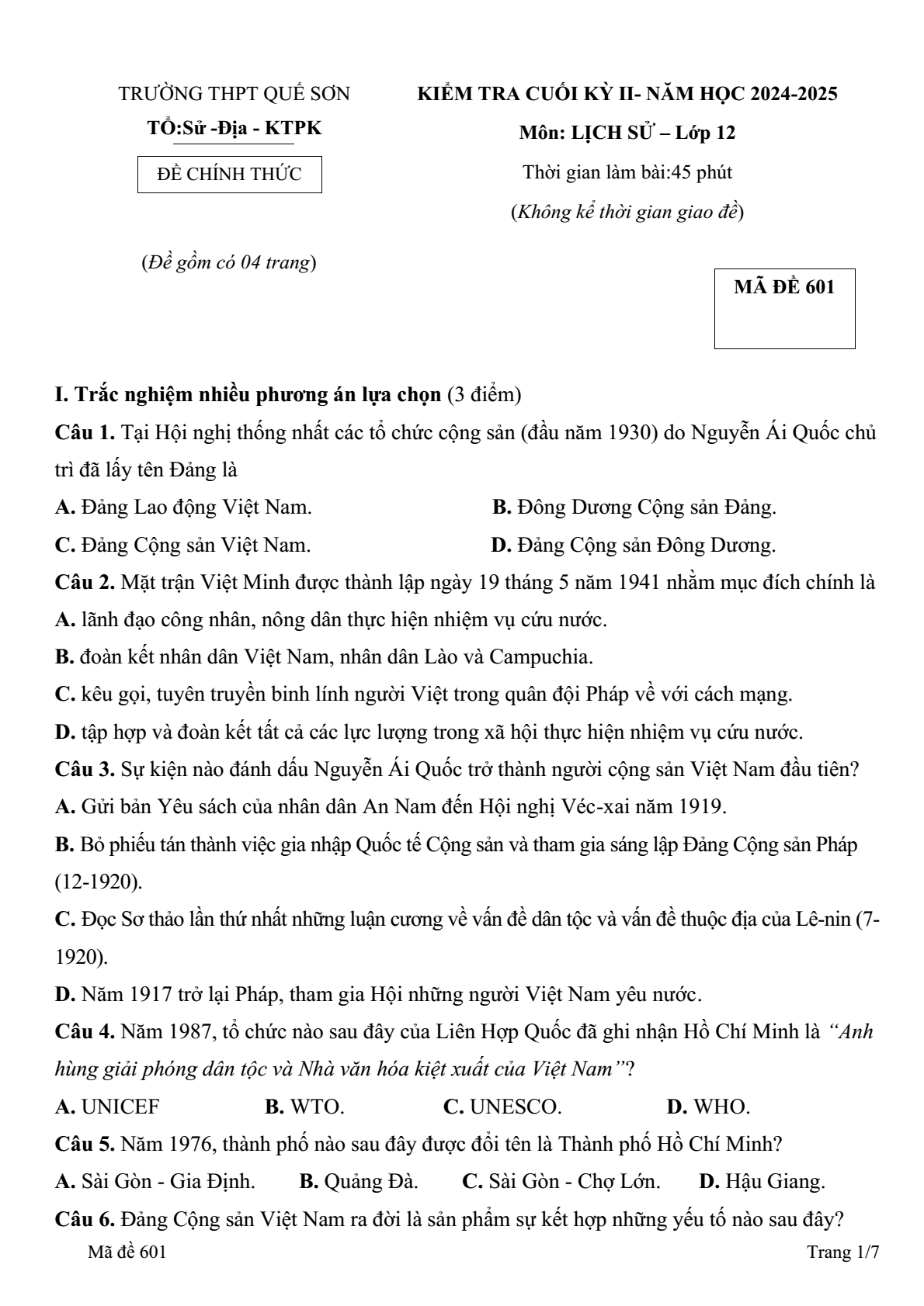Đề thi Học kì 2 Lịch Sử 12 năm 2024-2025 trường THPT Quế Sơn (Quảng Nam)