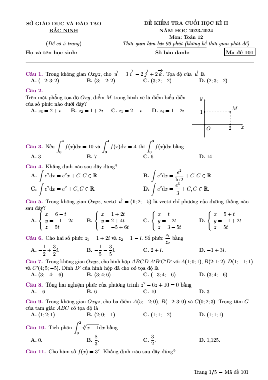 Đề thi Học kì 2 Toán 12 năm 2023-2024 sở GD&ĐT Bắc Ninh