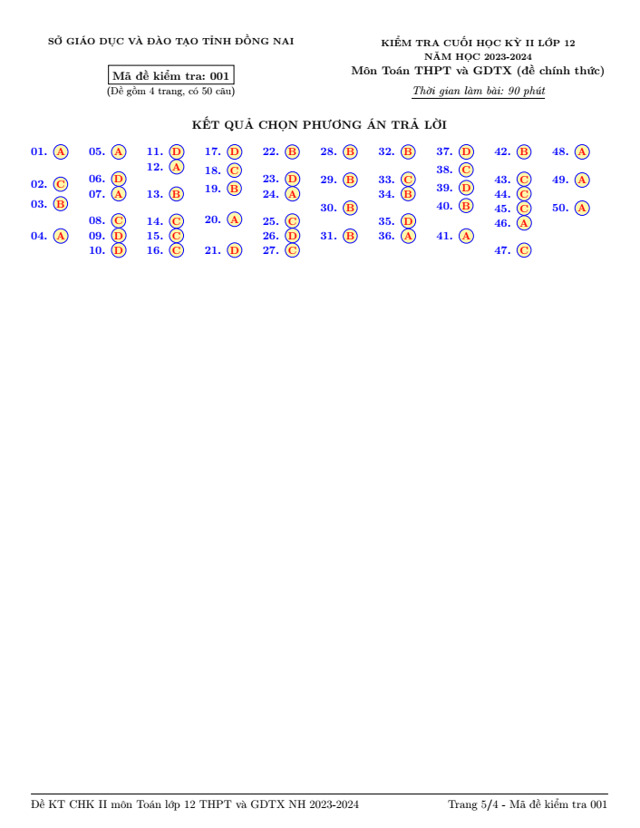 Đề thi Học kì 2 Toán 12 năm 2023-2024 sở GD&ĐT Đồng Nai