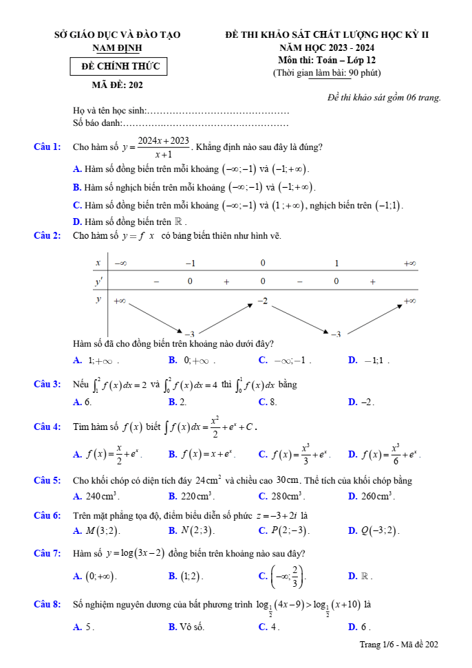 Đề thi Học kì 2 Toán 12 năm 2023-2024 sở GD&ĐT Nam Định