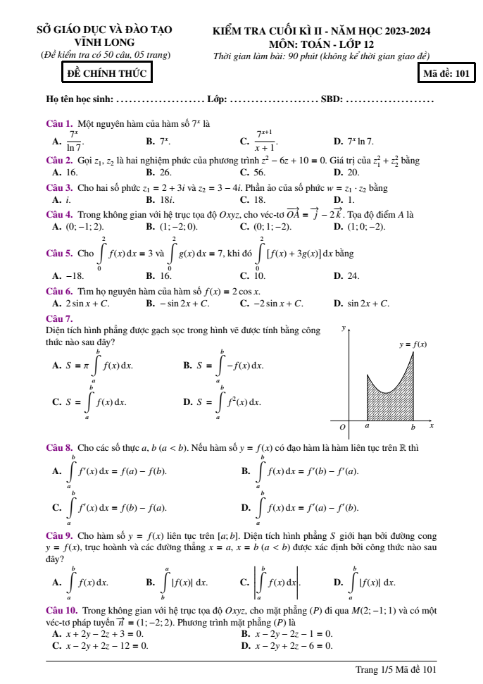 Đề thi Học kì 2 Toán 12 năm 2023-2024 sở GD&ĐT Vĩnh Long