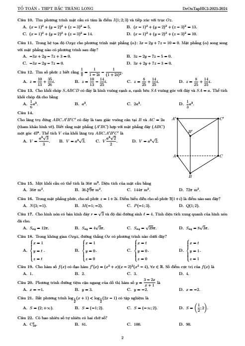 Đề thi Học kì 2 Toán 12 năm 2023-2024 trường THPT Bắc Thăng Long(Hà Nội)