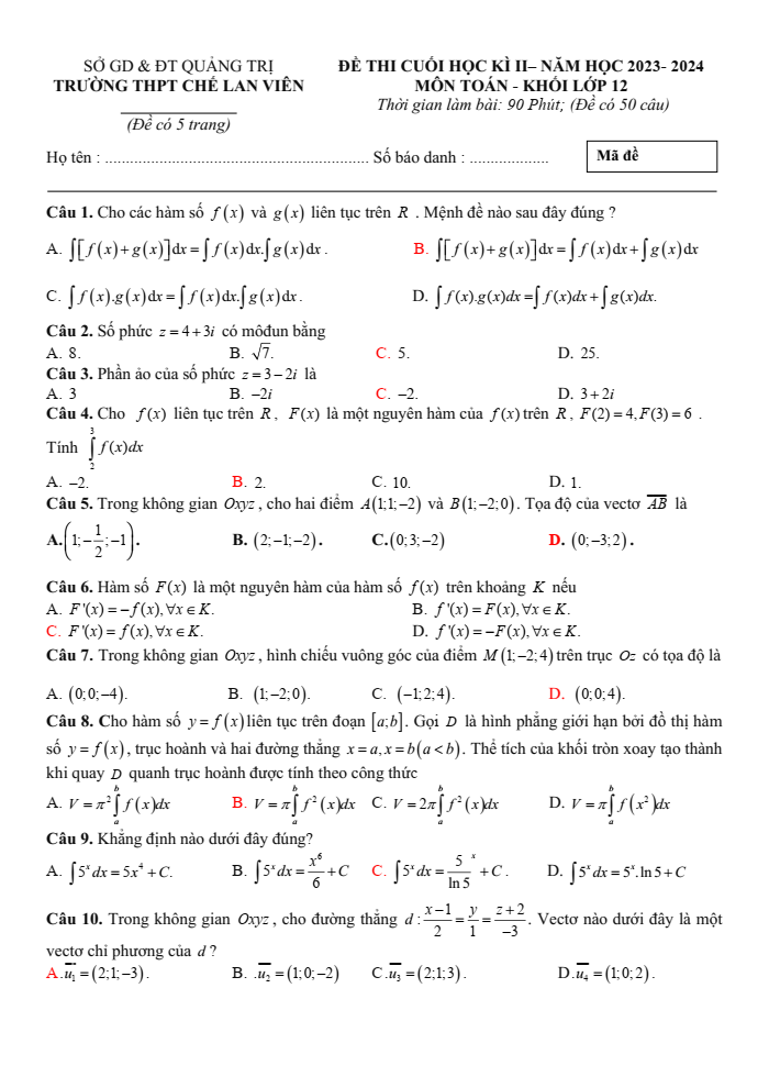 Đề thi Học kì 2 Toán 12 năm 2023-2024 trường THPT Chế Lan Viên(Quảng Trị)