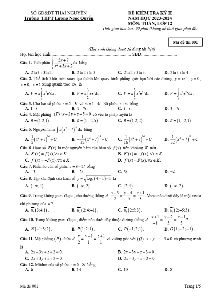 Đề thi Học kì 2 Toán 12 năm 2023-2024 trường THPT Lương Ngọc Quyến (Thái Nguyên)