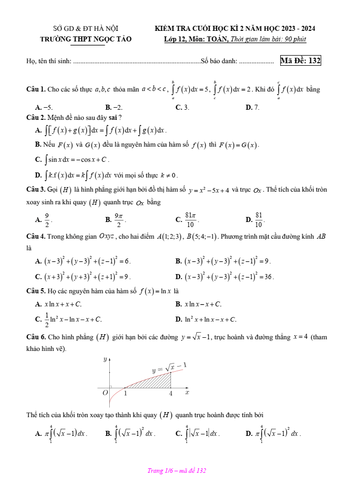 Đề thi Học kì 2 Toán 12 năm 2023-2024 trường THPT Ngọc Tảo(Hà Nội)