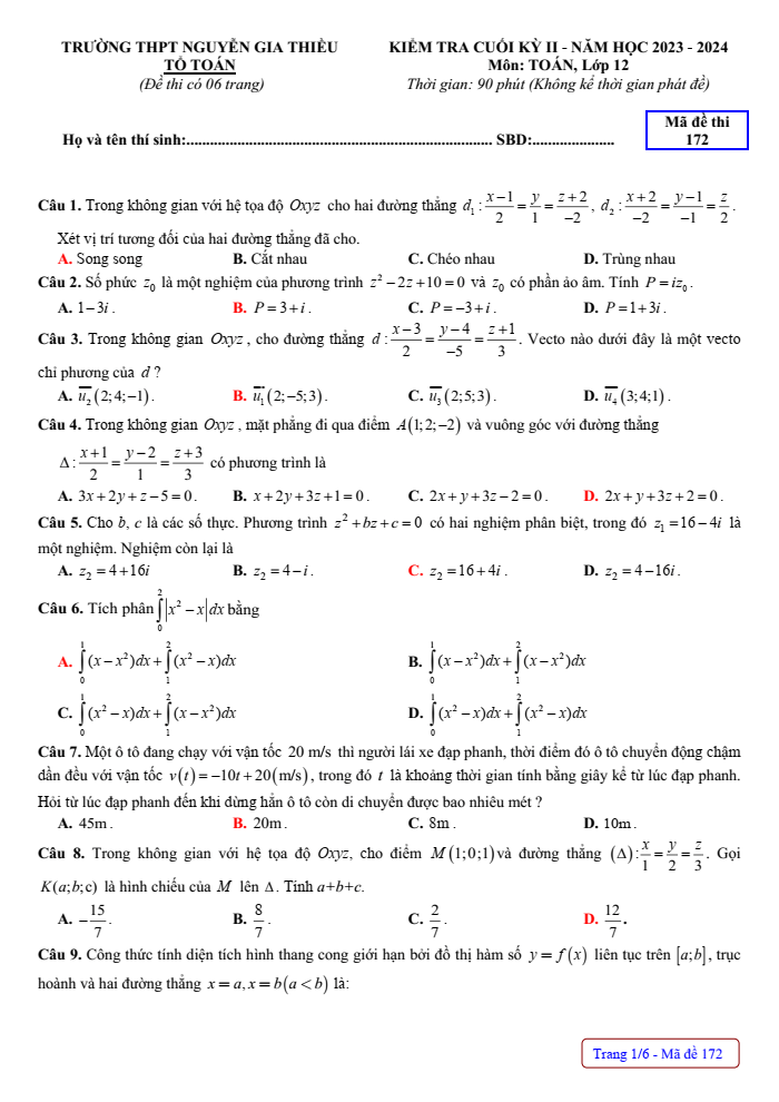 Đề thi Học kì 2 Toán 12 năm 2023-2024 trường THPT Nguyễn Gia Thiều (Hà Nội)