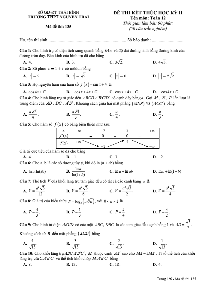 Đề thi Học kì 2 Toán 12 năm 2023-2024 trường THPT Nguyễn Trãi(Thái Bình)