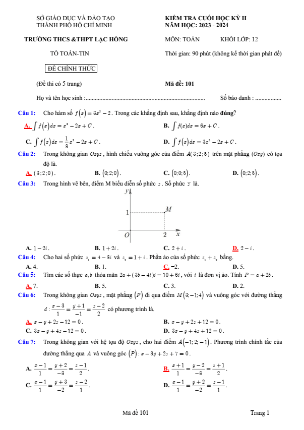 Đề thi Học kì 2 Toán 12 năm 2023-2024 trường Lạc Hồng (TPHCM)