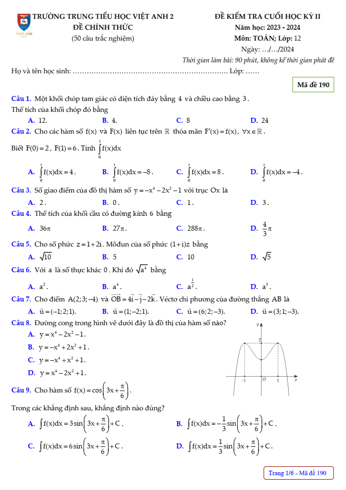 Đề thi Học kì 2 Toán 12 năm 2023-2024 trường Việt Anh 2 (Bình Dương)