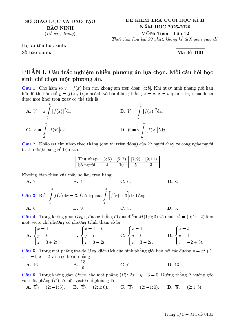 Đề thi Học kì 2 Toán 12 Sở GD&ĐT Bắc Ninh năm 2025-2026
