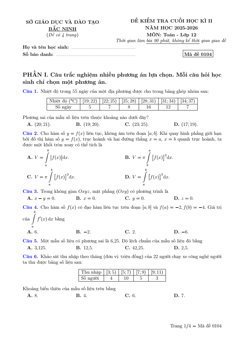 Đề thi Học kì 2 Toán 12 Sở GD&ĐT Bắc Ninh năm 2025-2026