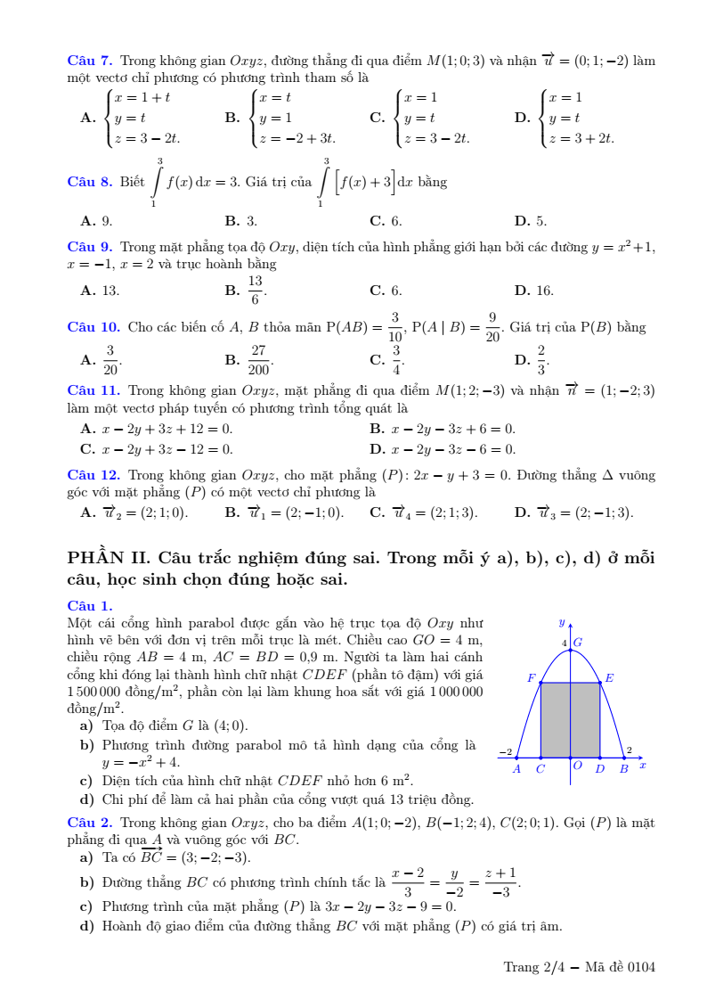 Đề thi Học kì 2 Toán 12 Sở GD&ĐT Bắc Ninh năm 2025-2026