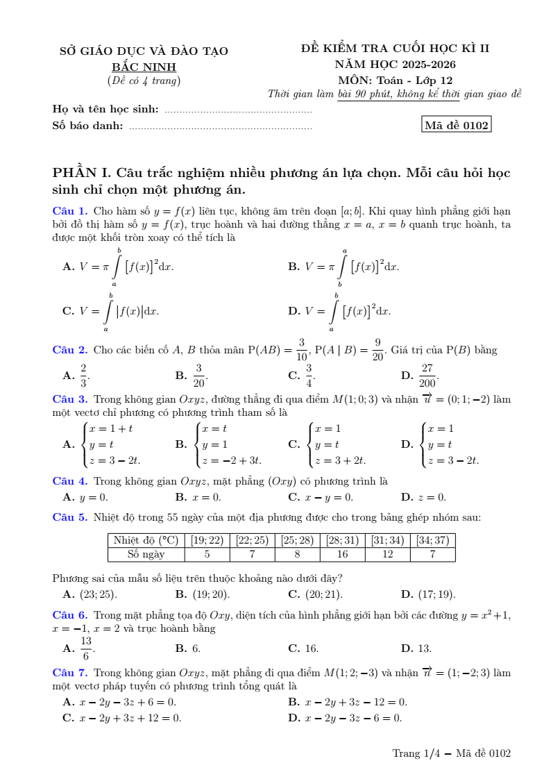 Đề thi Học kì 2 Toán 12 Sở GD&ĐT Bắc Ninh năm 2025-2026