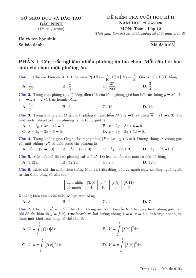 Đề thi Học kì 2 Toán 12 Sở GD&ĐT Bắc Ninh năm 2025-2026