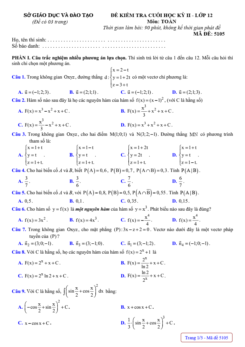 Đề thi Học kì 2 Toán 12 sở GD&ĐT Bình Dương năm 2024-2025
