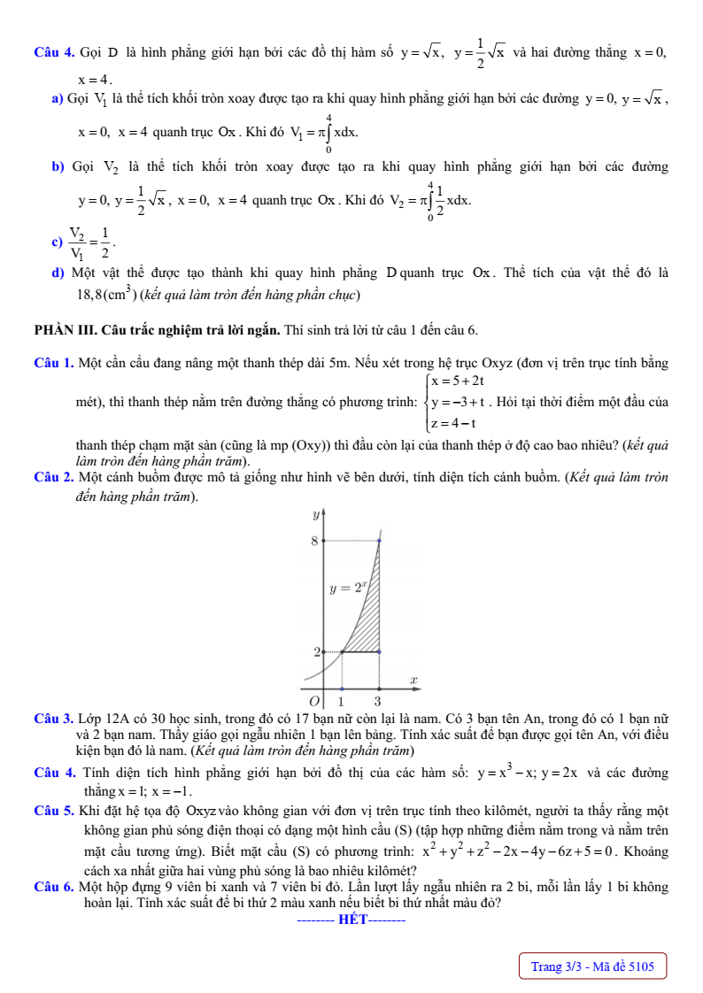 Đề thi Học kì 2 Toán 12 sở GD&ĐT Bình Dương năm 2024-2025