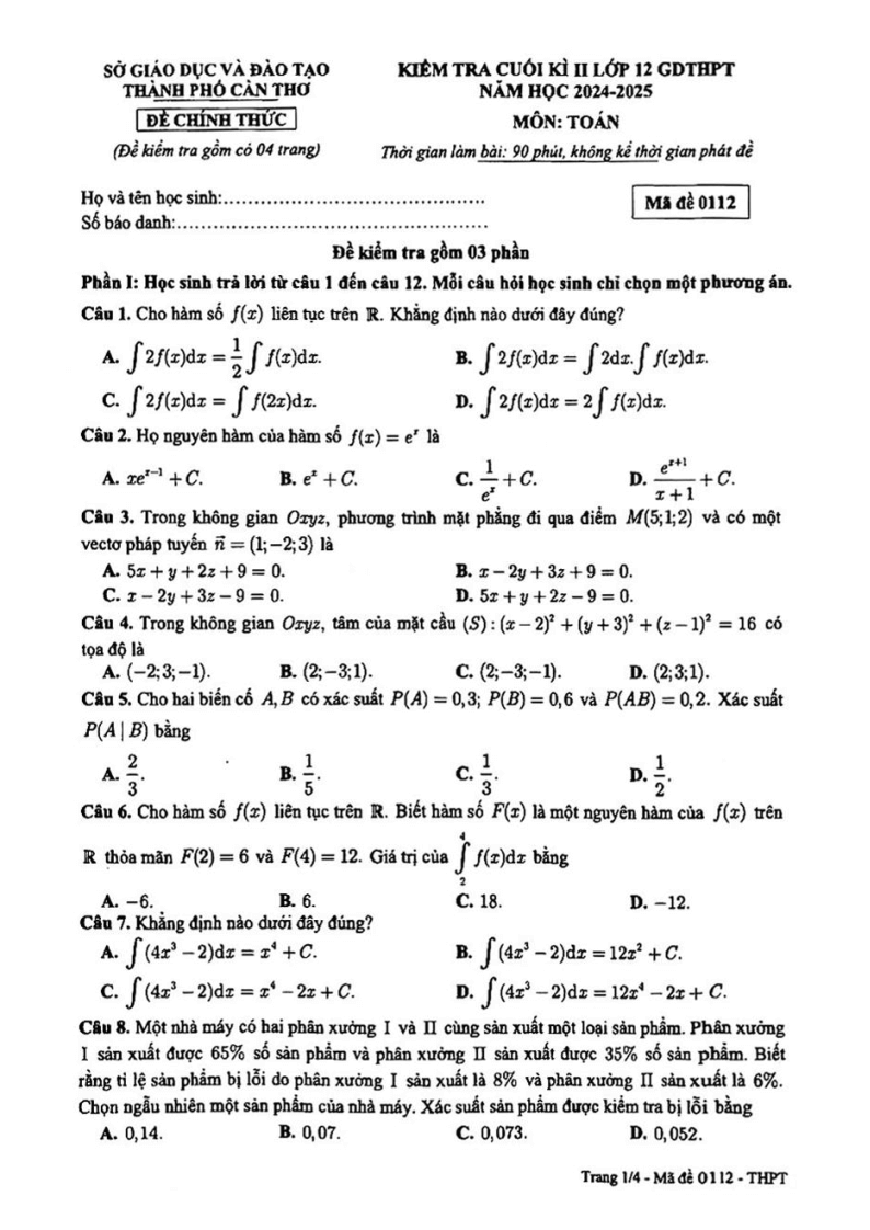 Đề thi Học kì 2 Toán 12 sở GD&ĐT Cần Thơ năm 2024-2025