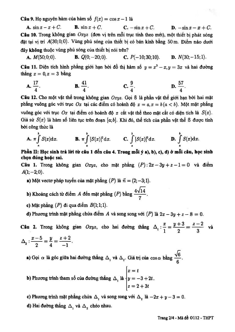 Đề thi Học kì 2 Toán 12 sở GD&ĐT Cần Thơ năm 2024-2025