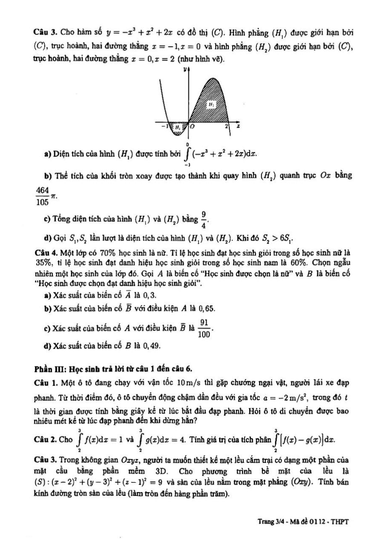 Đề thi Học kì 2 Toán 12 sở GD&ĐT Cần Thơ năm 2024-2025
