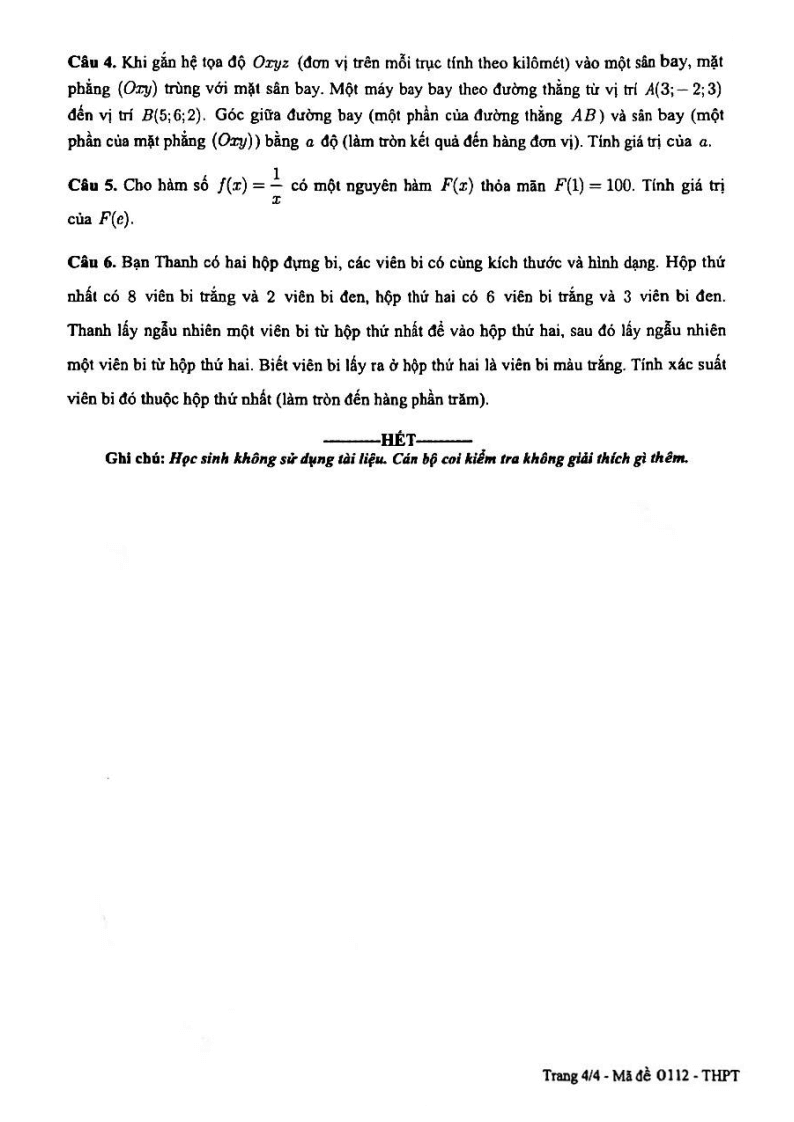 Đề thi Học kì 2 Toán 12 sở GD&ĐT Cần Thơ năm 2024-2025