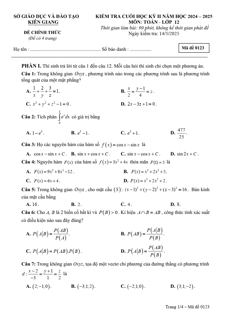 Đề thi Học kì 2 Toán 12 sở GD&ĐT Kiên Giang năm 2024-2025