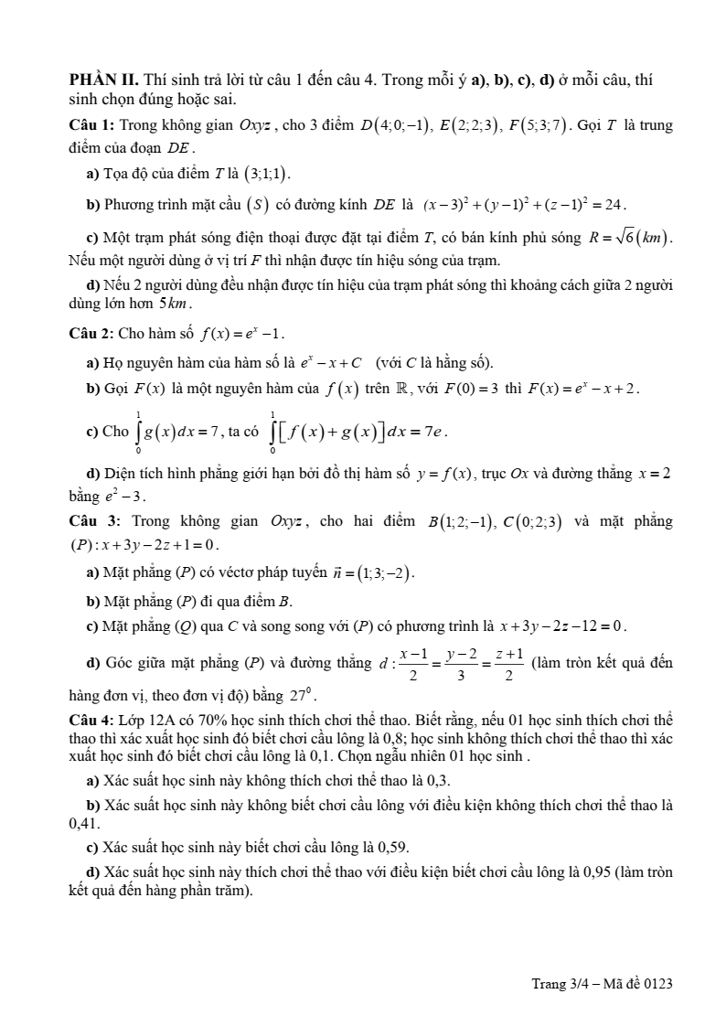 Đề thi Học kì 2 Toán 12 sở GD&ĐT Kiên Giang năm 2024-2025