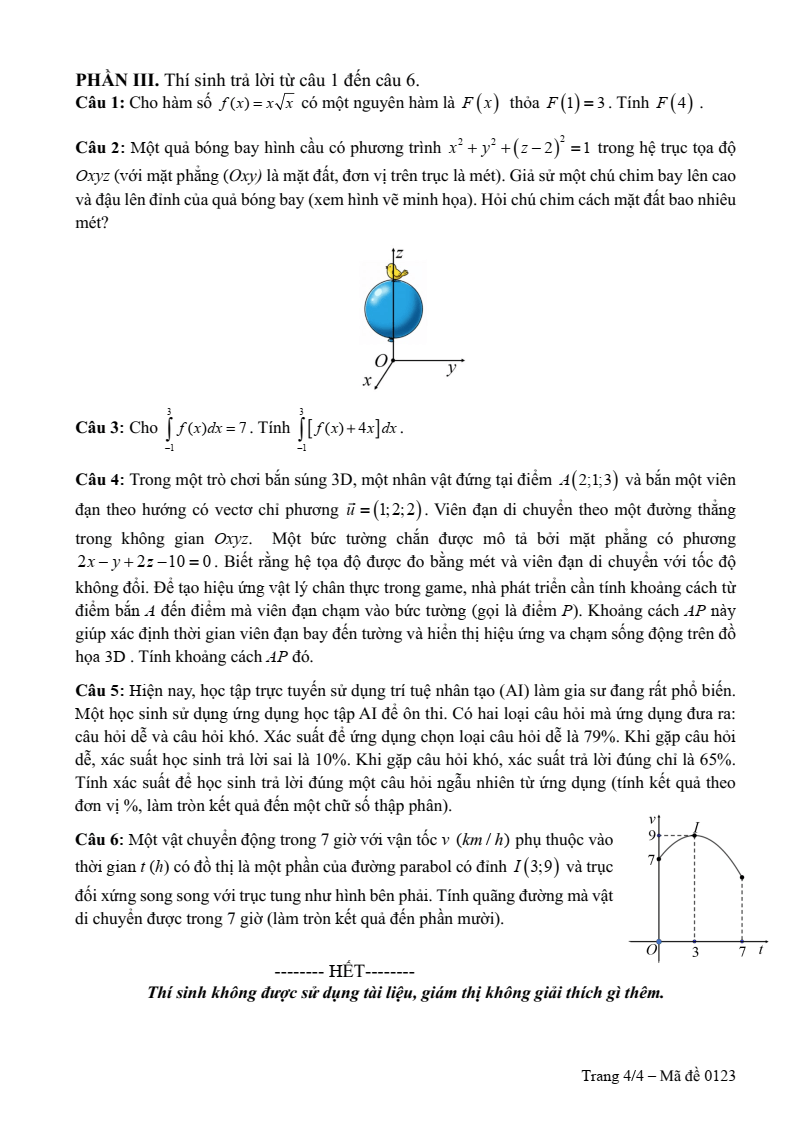 Đề thi Học kì 2 Toán 12 sở GD&ĐT Kiên Giang năm 2024-2025