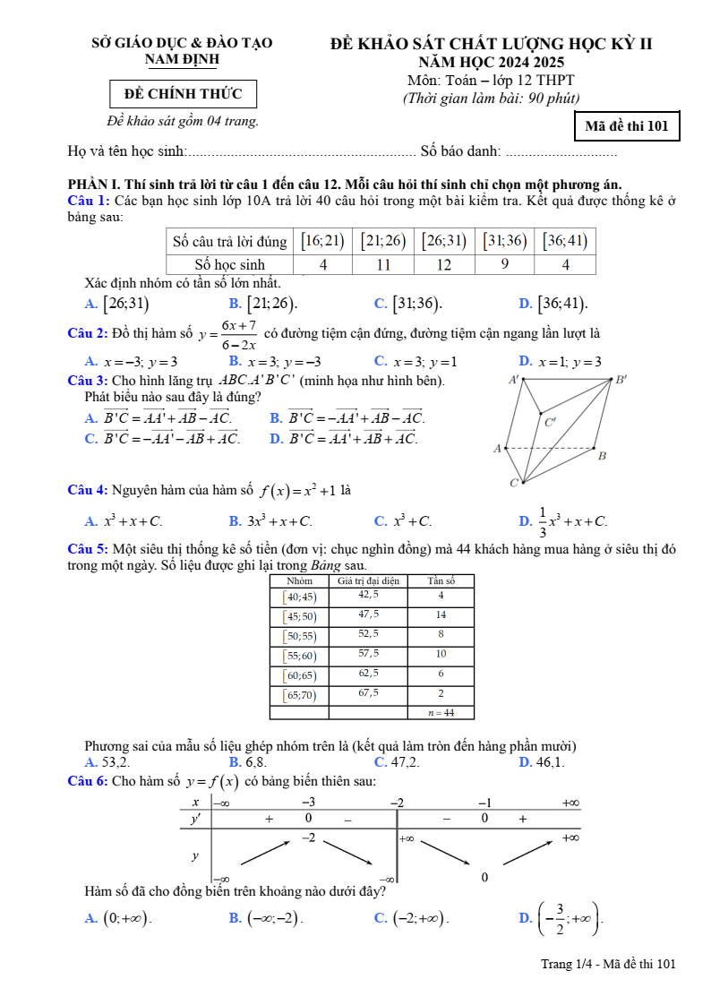 Đề thi Học kì 2 Toán 12 sở GD&ĐT Nam Định năm 2024-2025