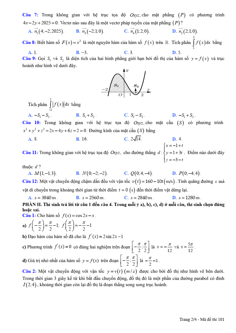 Đề thi Học kì 2 Toán 12 sở GD&ĐT Nam Định năm 2024-2025