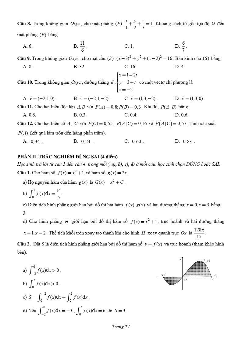 Đề thi Học kì 2 Toán 12 trường chuyên Lương Văn Chánh (Phú Yên) năm 2024-2025