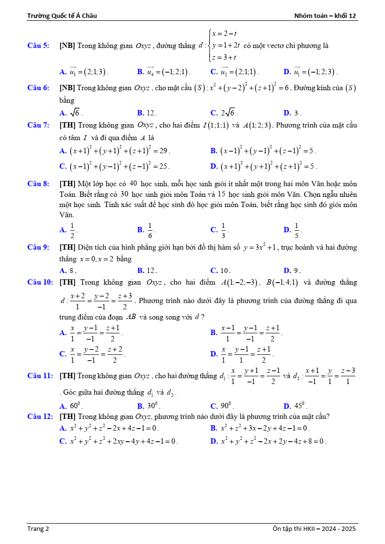 Đề thi Học kì 2 Toán 12 trường Quốc tế Á Châu (Tp.HCM) năm 2024-2025